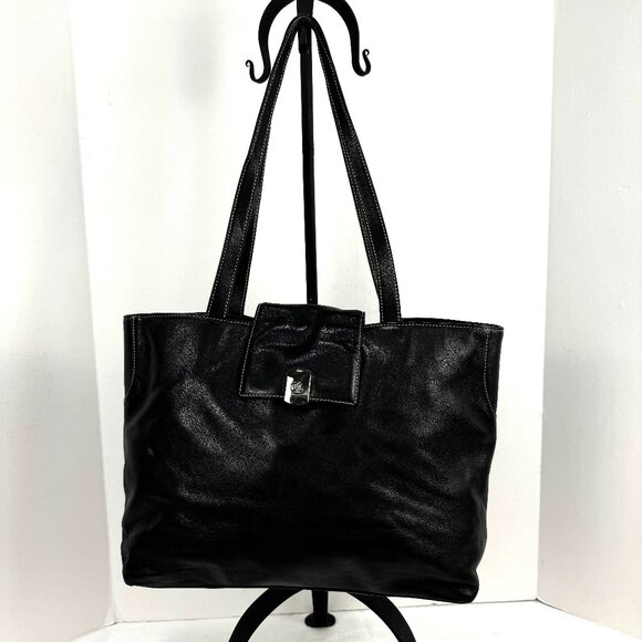 Ralph Lauren RLL Black Smooth Leather Front Flap Shoulder Bag Double Strap Class - Picture 1 of 16